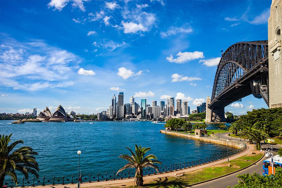 A bridge over water with a city in the background.