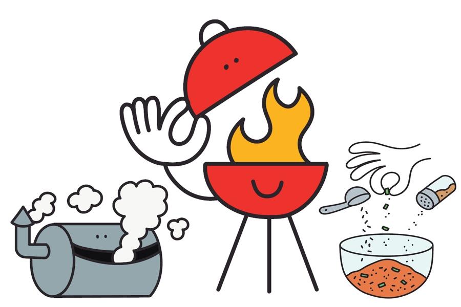 An illustration of a charcoal grill next to a fire emoji, with a hand sprinkling salt on a piece of meat, symbolizing barbecuing.
