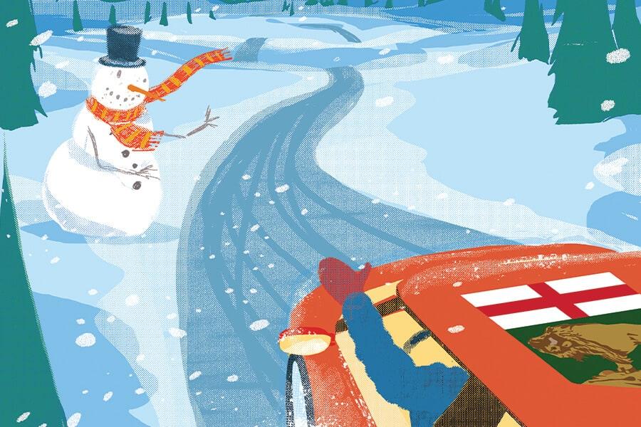 A snowman driving a car.