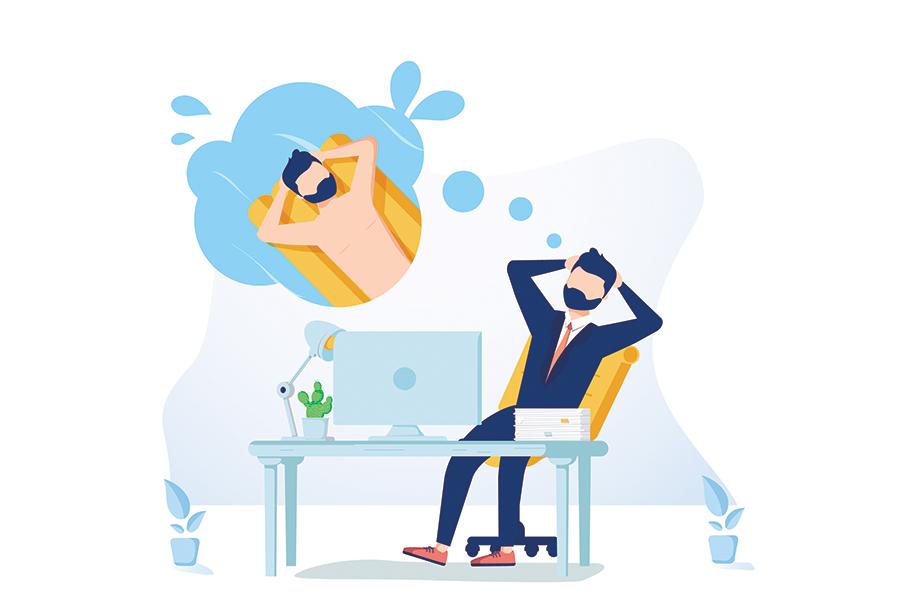 A relaxed professional imagines sunbathing while leaning back in his office chair with hands behind his head.