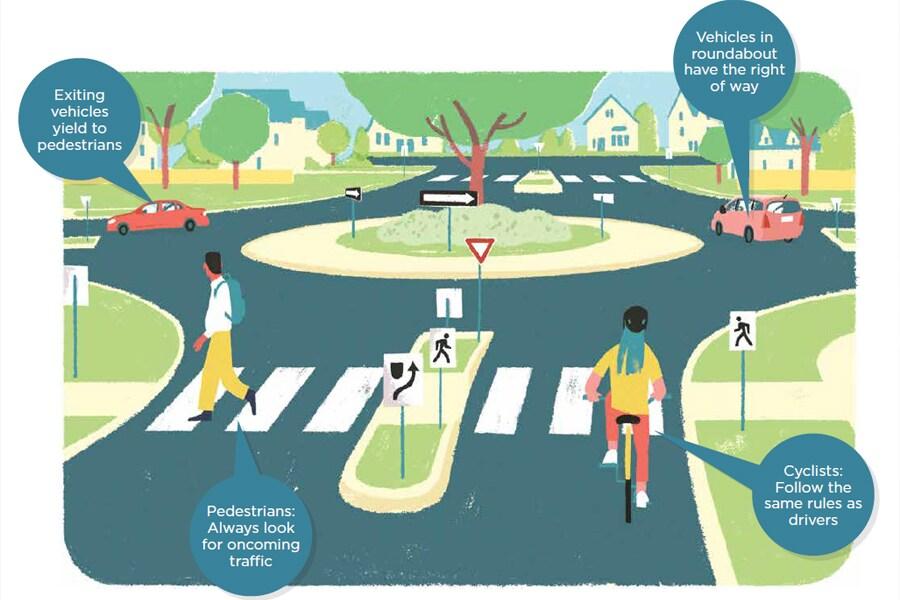 An illustration of a crosswalk with people walking and bicycling.