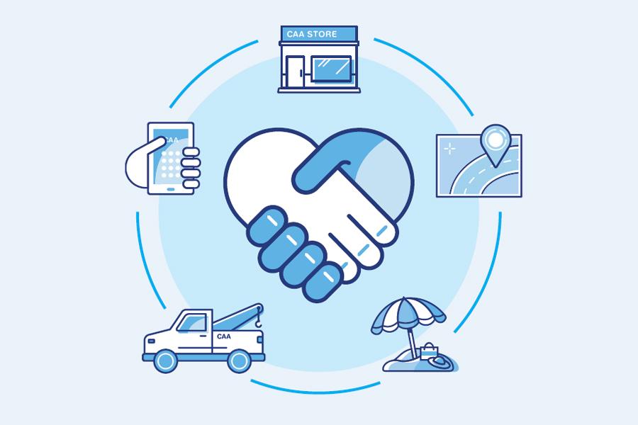 A blue and white circle with icons around hands shaking.