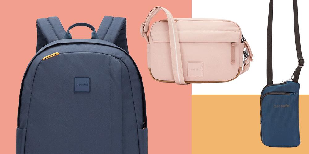 A blue backpack, a pink backpack, and a bag with a strap.