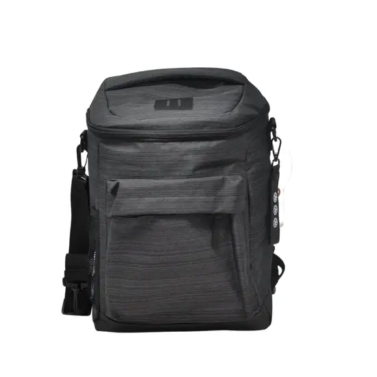 A black backpack with a strap.