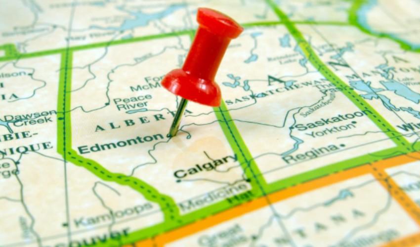A red pin is pinned on a map of edmonton, alberta.