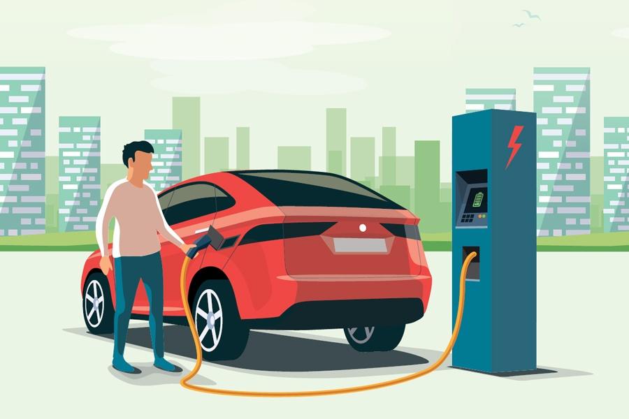 Red car charing and a person waiting illustration.