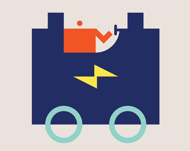 An illustration of a train with a man on it.